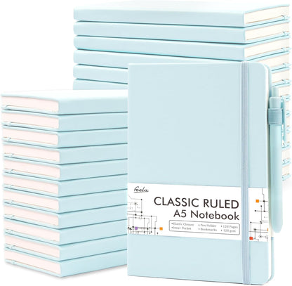 feela College Ruled Notebooks, 24 Pack Business Notebook Hardcover Lined Writing Journal with Pen Holder for Men Women Note Taking, with 24 Black Pens, 120 GSM, 5.1”x8.3”, A5, White