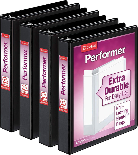 Cardinal Performer 3-Ring Binders, 2", Non-Locking Slant-D Rings, 540-Sheet Capacity, ClearVue Presentation, Non-stick, PVC-Free, Black, 4-Pack (27501)