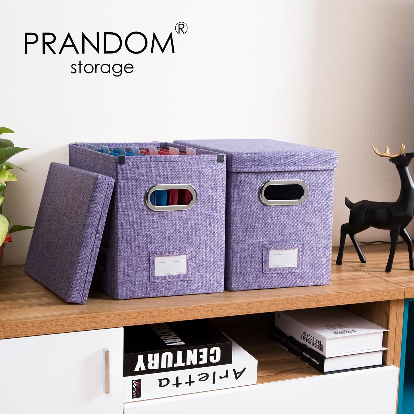 PRANDOM File Organizer Box - Collapsible Decorative Linen Filing Storage with Lids for Letter Size - Grey (14x9.3x10.8 inch)