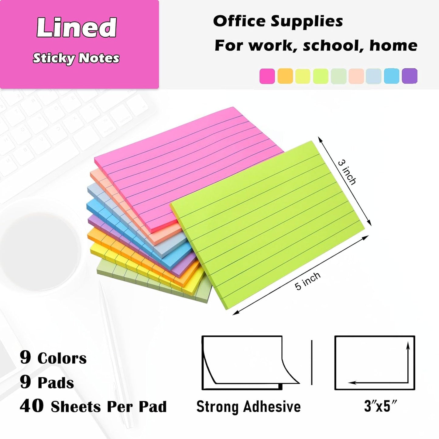 9 Pack Lined Sticky Notes 4x6 in Post Sticky Notes with Lines, 9 Bright Colors Self Sticky Notes Pad Its, Large Ruled Sticky Note for Office, Home, 35 Sheets/Pad