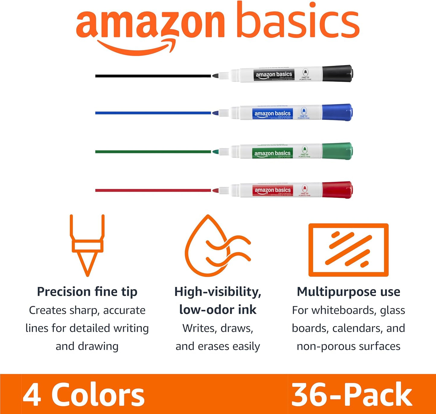 Amazon Basics Low-Odor Dry Erase Whiteboard Markers, Fine Tip, Quick-Dry, Black, 36-Pack