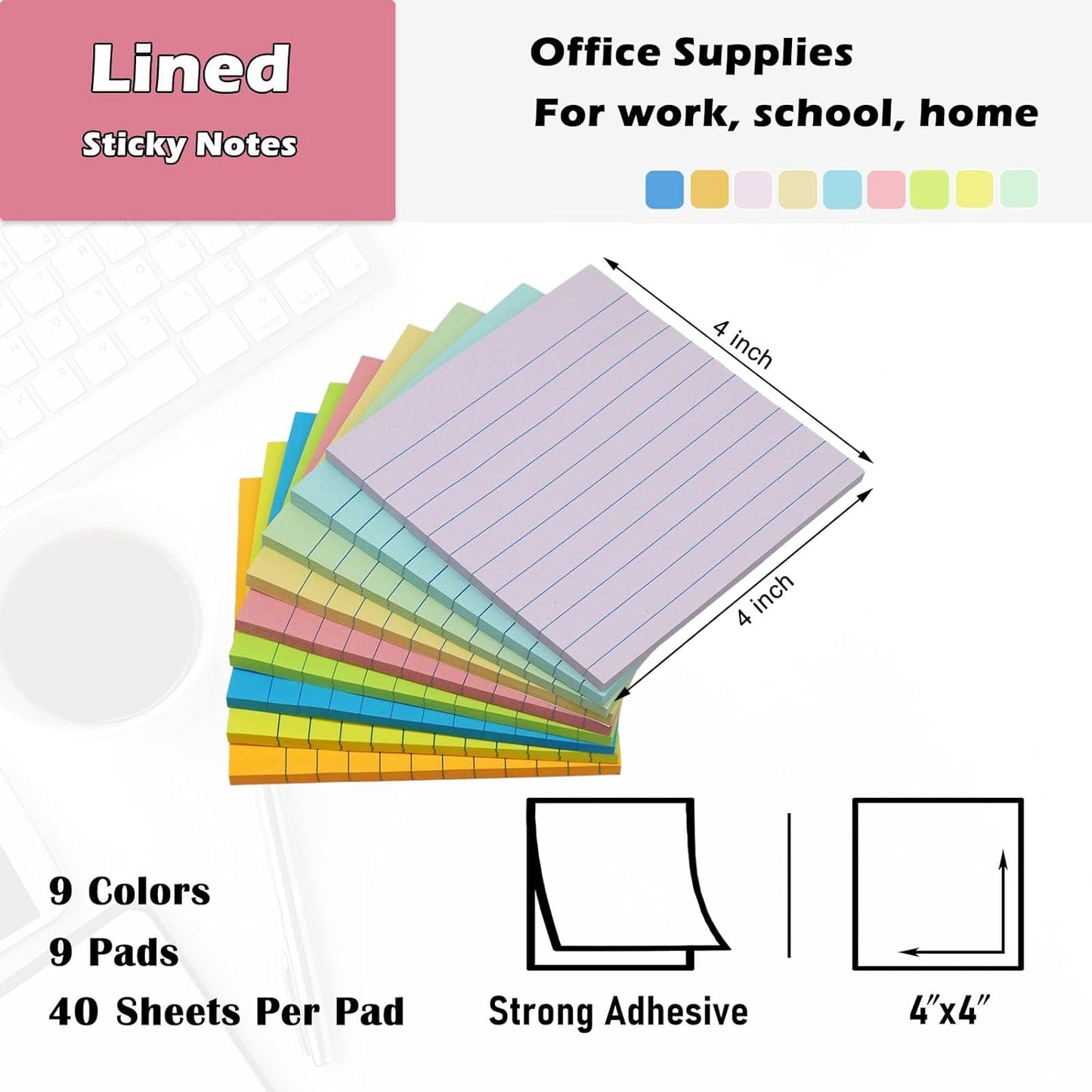 9 Pack Lined Sticky Notes 4x6 in Post Sticky Notes with Lines, 9 Bright Colors Self Sticky Notes Pad Its, Large Ruled Sticky Note for Office, Home, 35 Sheets/Pad