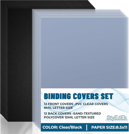 24 Pcs Binding Covers and Backs Set, 8.5x11 Inch, Letter Size 12 Pcs 8mil Clear PVC, 12 Pcs 12mil Sand Plastic Texture