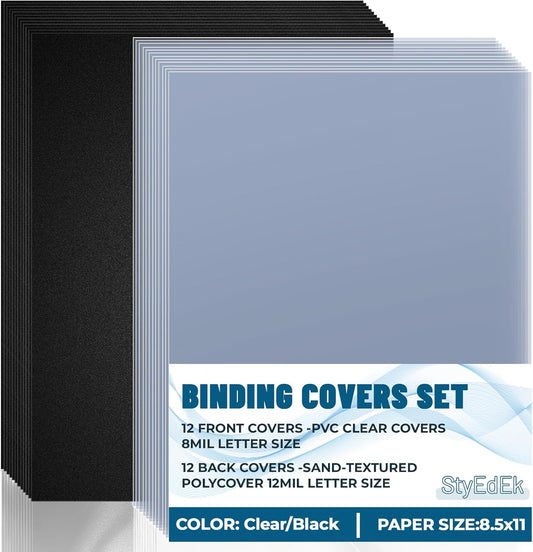 24 Pcs Binding Covers and Backs Set, 8.5x11 Inch, Letter Size 12 Pcs 8mil Clear PVC, 12 Pcs 12mil Sand Plastic Texture