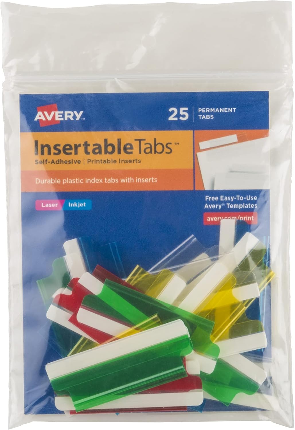 Avery Insertable Self-Adhesive Tabs with Printable Inserts, 2", Permanent Adhesive, Assorted (Blue, Clear, Green, Red and Yellow), Pack of 25 Index Tabs (16239)