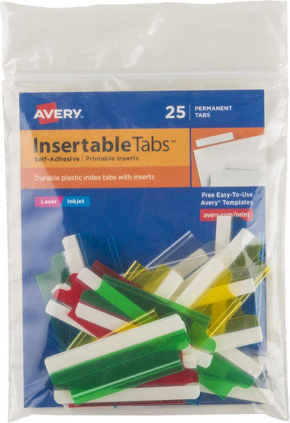 Avery Insertable Self-Adhesive Tabs with Printable Inserts, 2", Permanent Adhesive, Assorted (Blue, Clear, Green, Red and Yellow), Pack of 25 Index Tabs (16239)