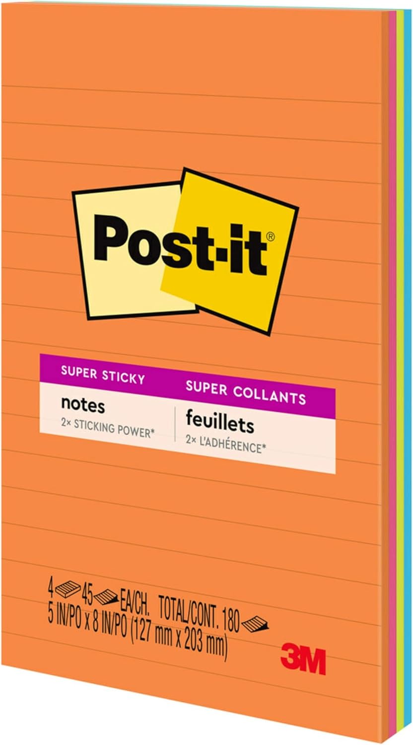 Post-it Super Sticky Lined Notes, 4 Sticky Note Pads, 5 x 8 in., School Supplies, Office Products, Sticky Notes for Vertical Surfaces, Monitors, Walls and Windows, Energy Boost Collection
