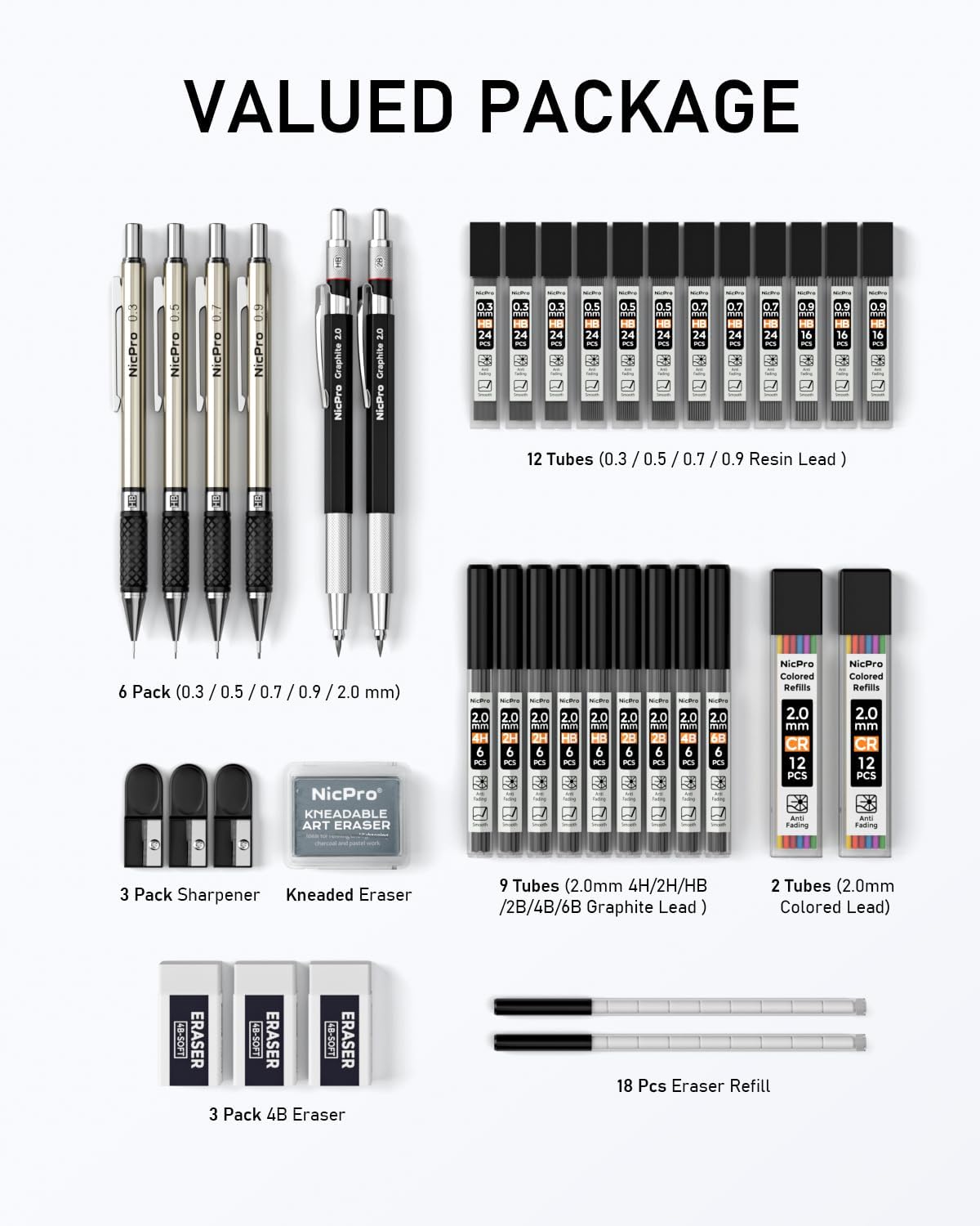 Nicpro 35PCS Art Mechanical Pencil Set, 3 PCS Metal Drafting Pencil 0.5 mm & 0.7 mm & 0.9 mm & 3 PCS 2mm Lead Holder (6B 4B 2B HB 2H 4H Colors) For Sketching Drawing With 20 Tube Lead Refills Case