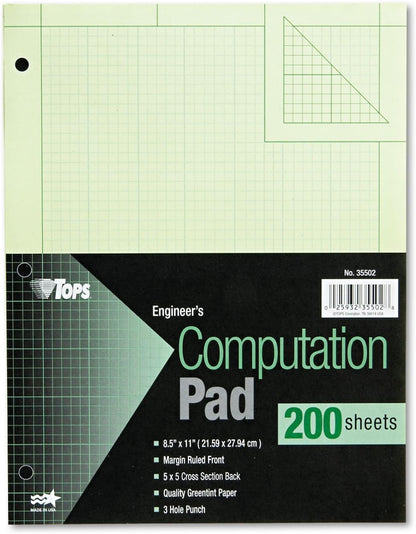 TOPS Engineering Computation Pad, 8-1/2" x 11", Glue Top, 5 x 5 Graph Rule on Back, Green Tint Paper, 3-Hole Punched, 200 Sheets (35502)