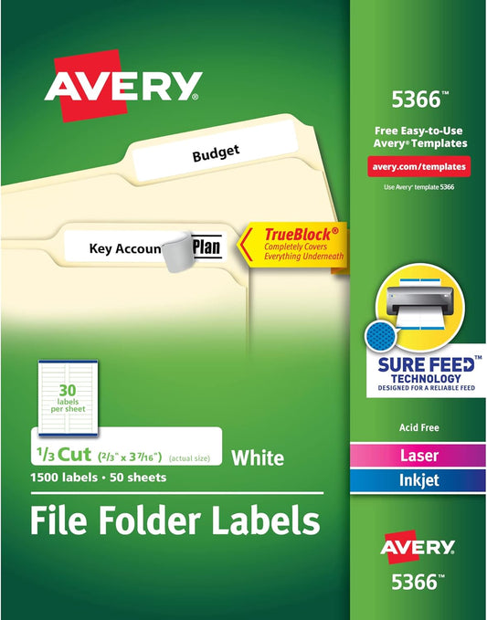 Avery TrueBlock File Folder Labels, 2/3" x 3-7/16", 1,500 Printable Labels, White, Permanent (5366)