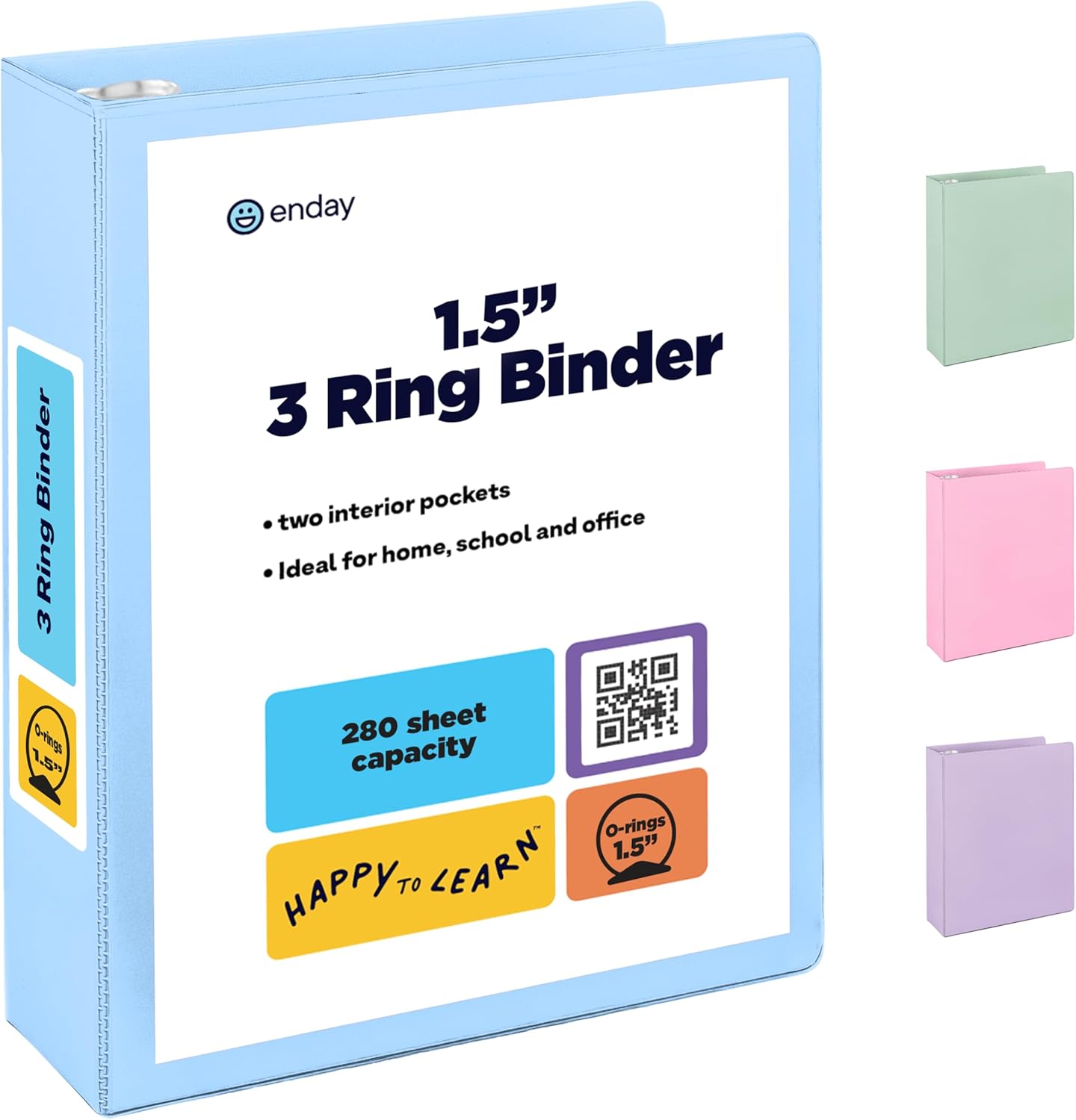Enday 1.5 Inch Binder, Green - 1.5 Inch 3 Ring Binder, Round Ring Pastel with Clear View Cover for Letter Size 8.5 x 11'' Paper & 2 Inside Pockets, Ideal for School Supplies, Office, and Home