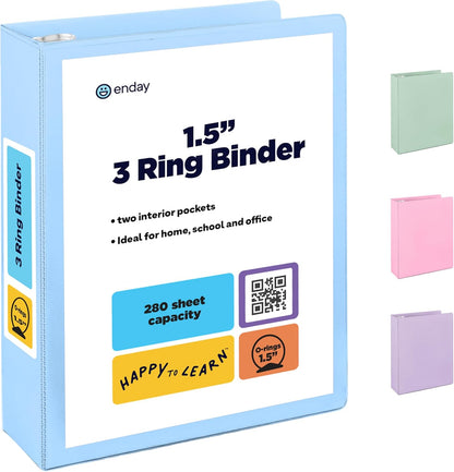 Enday 1.5 Inch Binder, Green - 1.5 Inch 3 Ring Binder, Round Ring Pastel with Clear View Cover for Letter Size 8.5 x 11'' Paper & 2 Inside Pockets, Ideal for School Supplies, Office, and Home