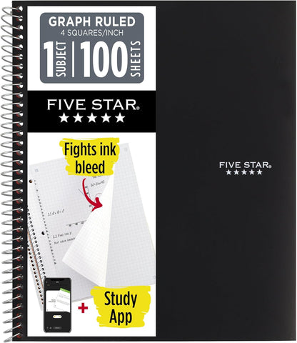 Five Star Spiral Notebook + Study App, 1 Subject, Graph Ruled Paper, 8-1/2" x 11", 100 Sheets, Fights Ink Bleed, Water Resistant Cover, Tidewater Blue (06190AA4)