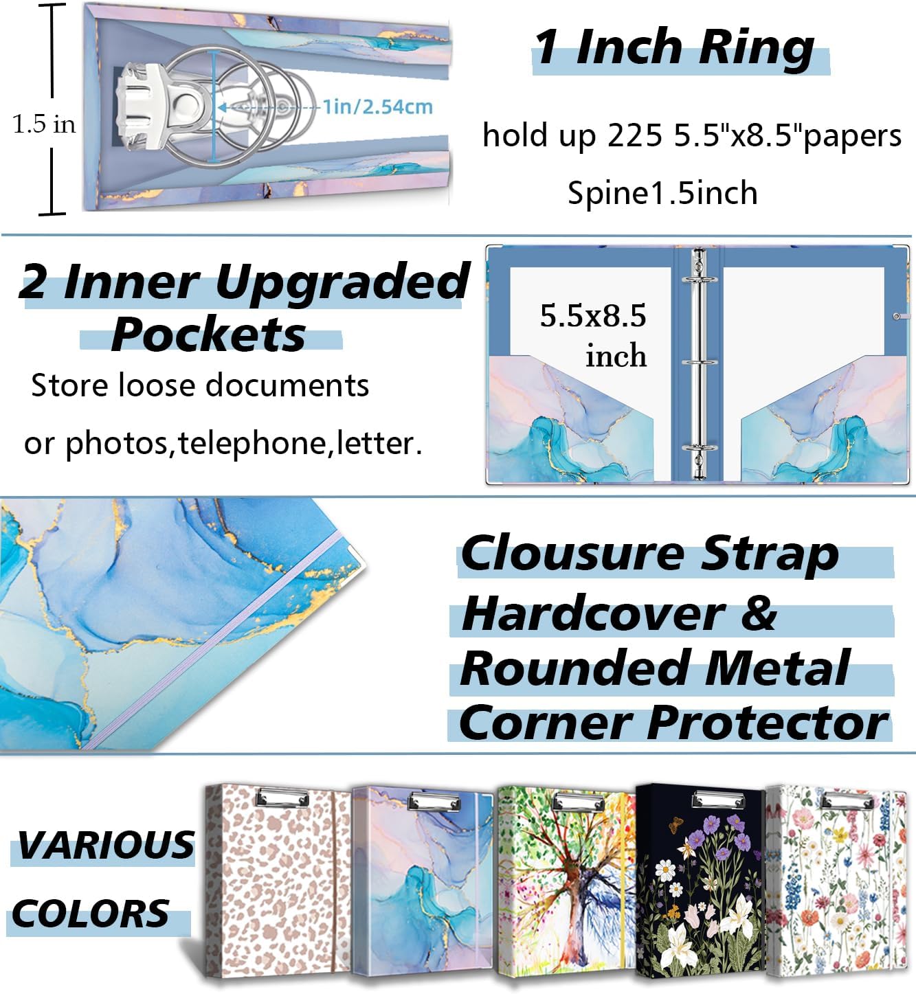 3 Ring Binder 1 Inch, Three Ring Binders Organizer with Clipboard, 5-Tabs Pockets Dividers, Plastic Folder, 18 Divider Stikers, BVSSX Pretty Binder with Pen Loop (Black Weeds, Letter Size)