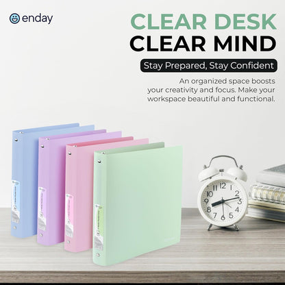 Enday 3 Ring Binder 1 inch (4 Pack) Pastel Flexible Binders Round Ring with Pocket, Holds 175 Sheets, for Home and School Supplies in Blue, Purple, Pink and Green – by Enday