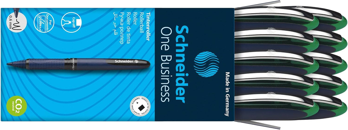 Schneider One Business Rollerball Pen, 0.6 mm Ultra-Smooth Tip, Blue Barrel, Black Ink, Box of 10 Pens (183001)