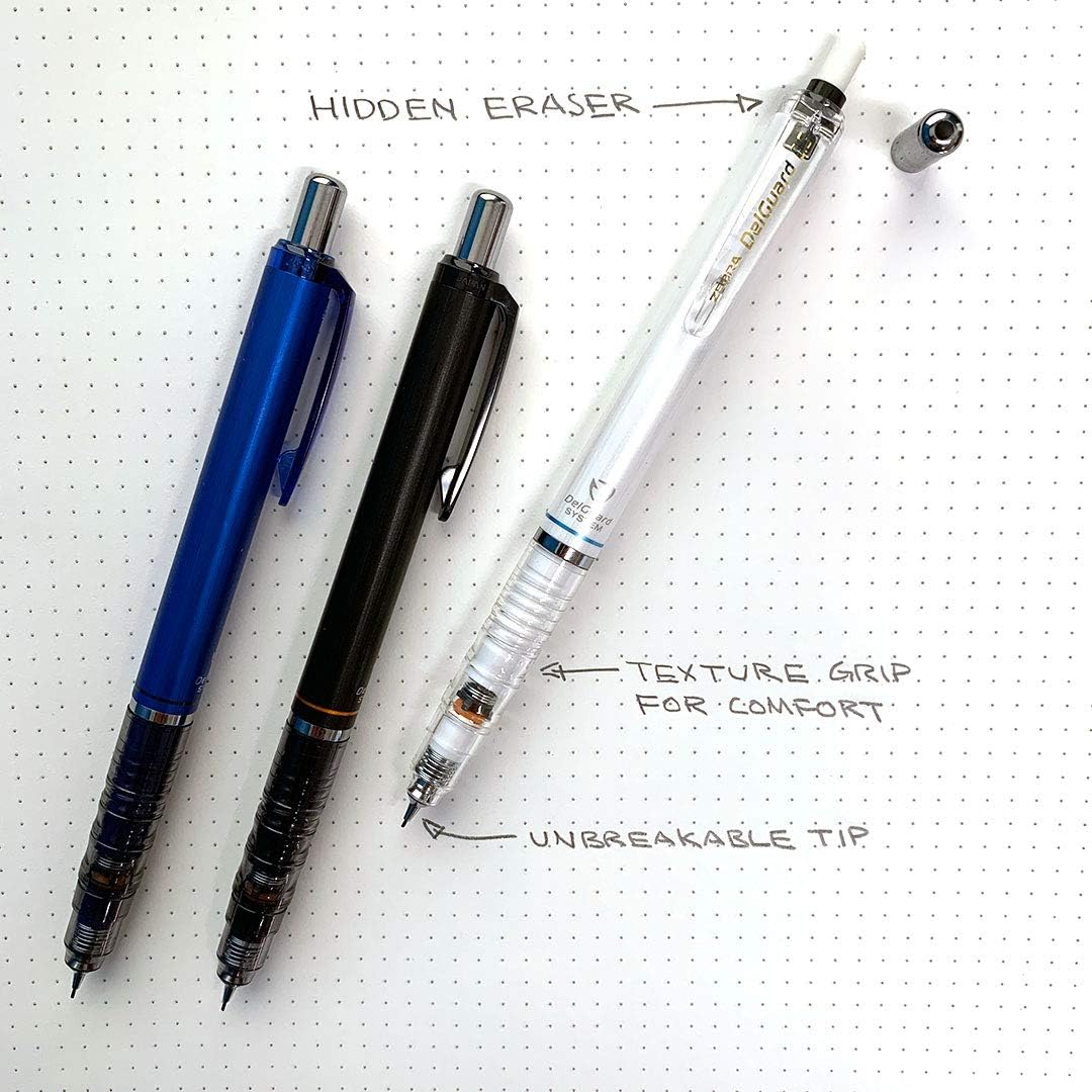 Zebra Pen DelGuard Mechanical Pencil 0.5mm, Black, Blue & White Barrel, Resists Lead Breaking, Double Spring Protection, Built-In Eraser, 3-Pack with Refills, Clip for Easy Carrying (58603)