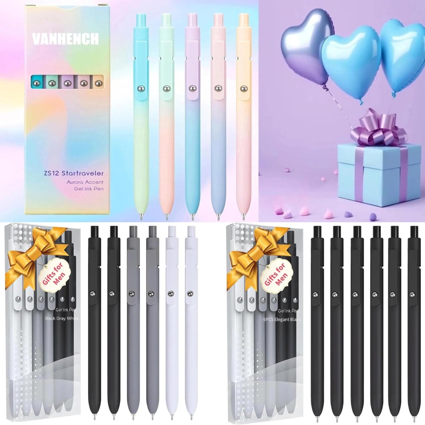 Vanhench 7Pcs 0.5 mm Black Ink Gel Pens Fine Point Smooth Writing Quick Dry Pen for Nurses Teacher Journaling Note Office Desk School Gift, Nice Cute Multifunction Writing Pens with Fidget Stress Ball