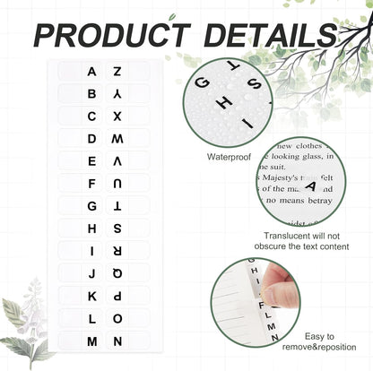 A-Z 26 White Letters Tabs Sticky Alphabet Tabs, 260 Pcs Self Adhesive Page Tabs Alphabetical Tabs Indexes for Books, Dictionary, Notes, File (10 Sheets)