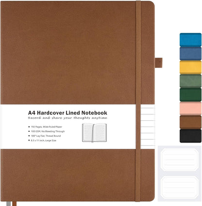 College Ruled Notebook, A4 Hardcover Leather Notebook for Work, Lined Notebook Journal for Women, Men, 192 Thick Paper, Lay Flat, Large Notebook with 2 Pockets, Professional Business Notebook, Black