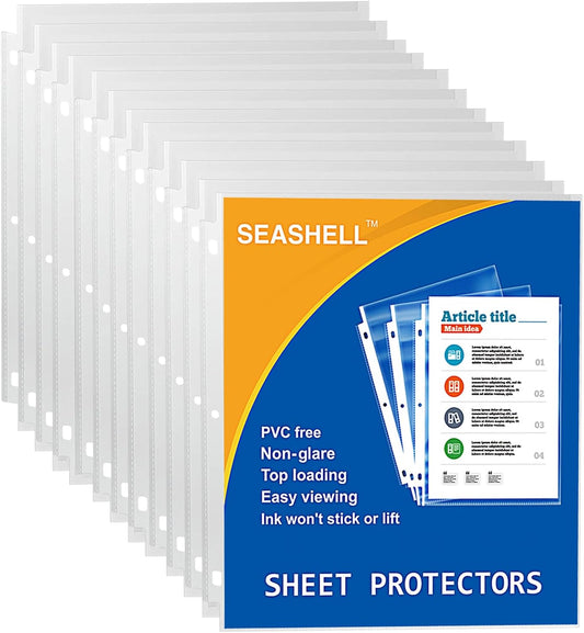Seashell 200PCS Heavy Duty Non-Glare Sheet Protectors, Letter Size Page Protectors Reinforced 3-Hole, Plastic Sleeves for 3 Ring Binder, Top Loading for 8.5 x 11 Inch Sheets