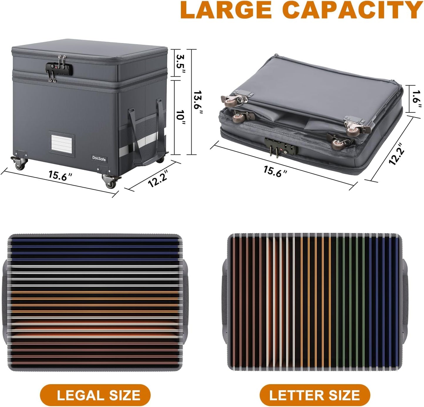 DocSafe Fireproof Document Box with Lock,2-Layer File Box with Wheels,Collapsible File Storage Organizer with Pockets,Large Portable Home Filing Cabinet for Hanging Folders,Black,16''x13.8''x12.2''