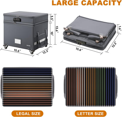 DocSafe Fireproof Document Box with Lock,2-Layer File Box with Wheels,Collapsible File Storage Organizer with Pockets,Large Portable Home Filing Cabinet for Hanging Folders,Black,16''x13.8''x12.2''
