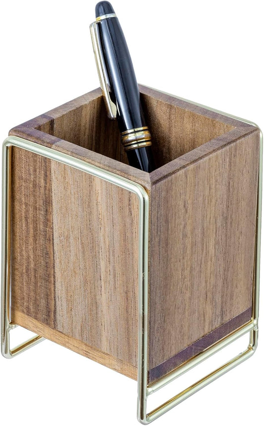 MyGift Premium Acacia Solid Wood Pen Pencil Cup with Textured Fluted Design, Desktop Wooden Office Supply Organizer Holder