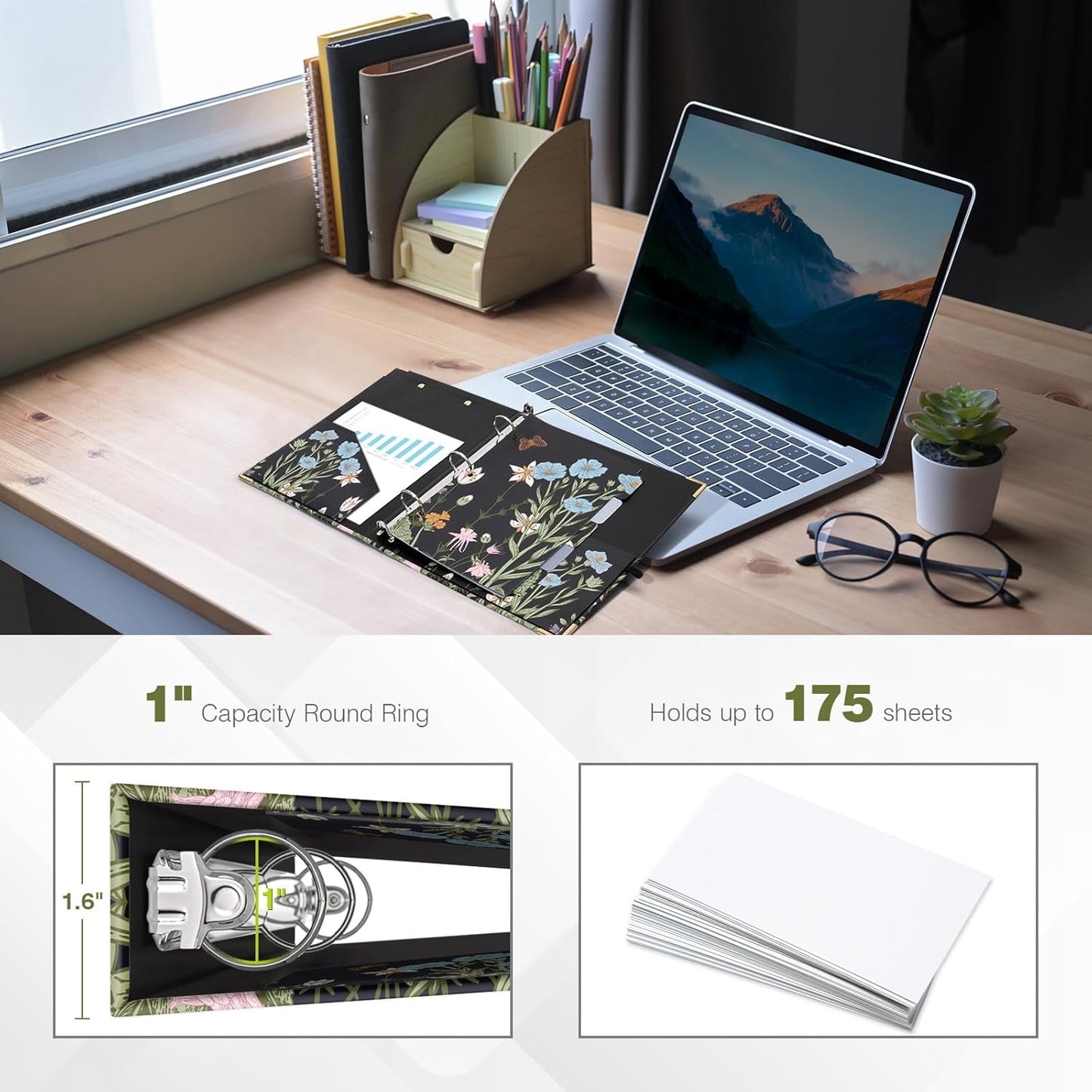 Ospelelf Binder 3 Ring 1 Inch, Floral Round Ring Clipboard Binder for Letter Size with 5 Tab Dividers, File Folder Labels, for School and Office Supplies