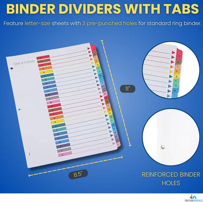 1InTheOffice Alphabetical Dividers for 3 Ring Binders, A-Z Tab Binder Dividers, Customizable Table of Contents, Multicolor Tabs, 2 Sets