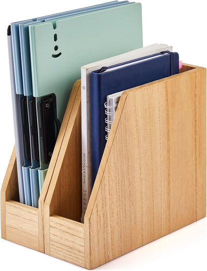KIRIGEN Wood File Folder Holder Desktop Document Rack Organizer Desk Paper Holder Storage Sorter 2 Packs 2TWJJ-NA