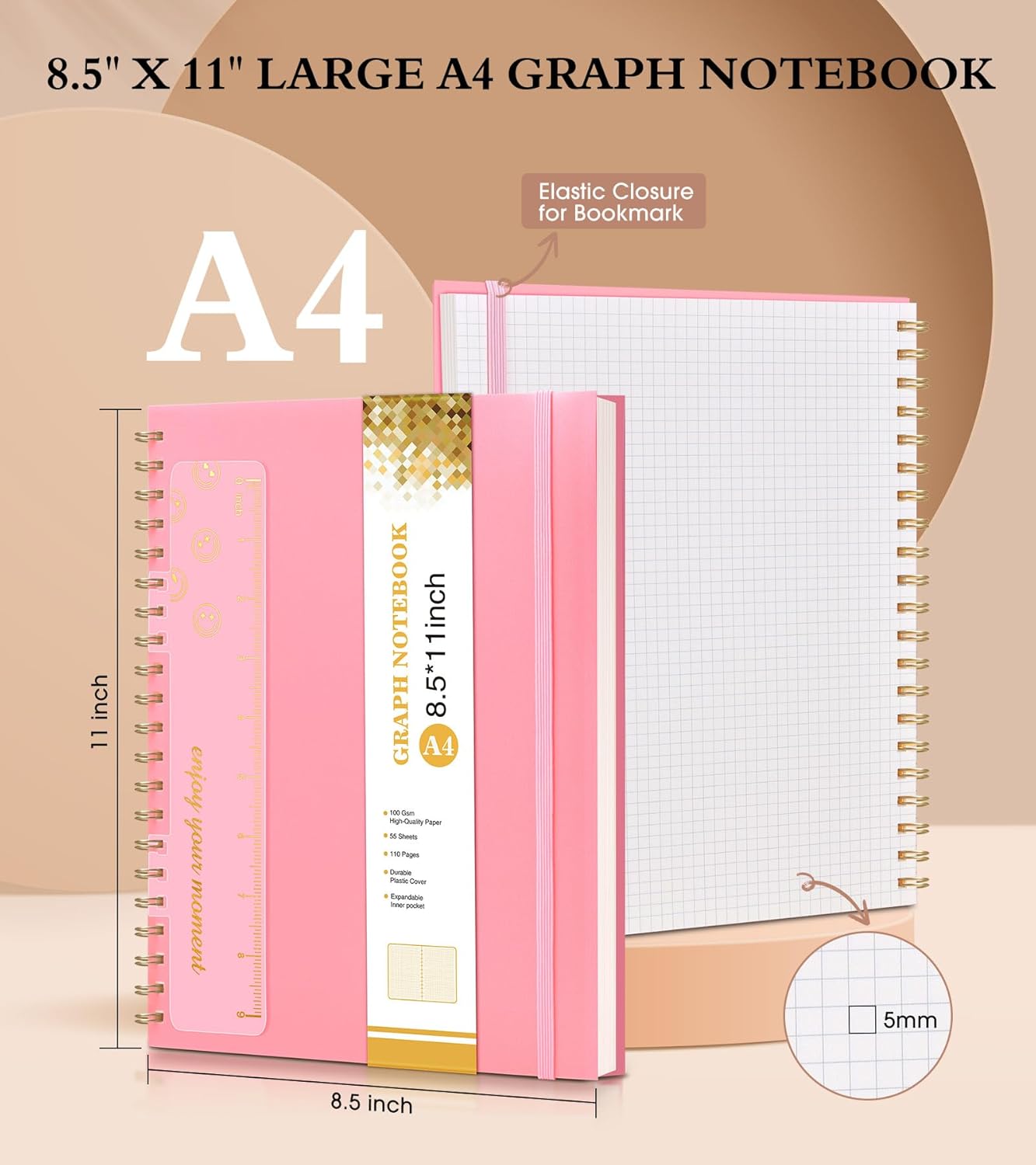Spiral Notebook Journal 8.5” x 11”, A4 Large Pink Notebooks for Women Men, College Ruled Lined Journal, 100 GSM Paper, Plastic Hardcover Spiral Bound Journals for Work School Note Taking Business