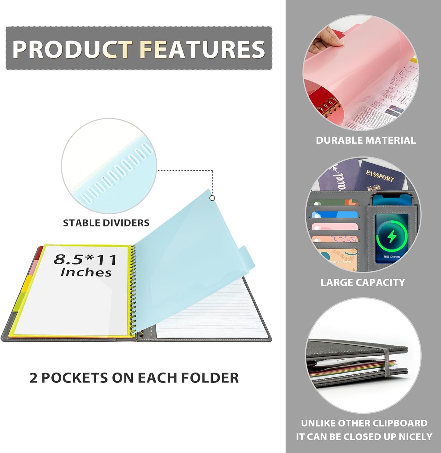 Ospelelf Clipboard with Storage for Women, Leather Padfolio Portfolio Organizer 5 Folders with 10 Pockets, Spiral Clipboard Folio with Notepad for Letter Size, Elastic Closure and Pen Loop Floral