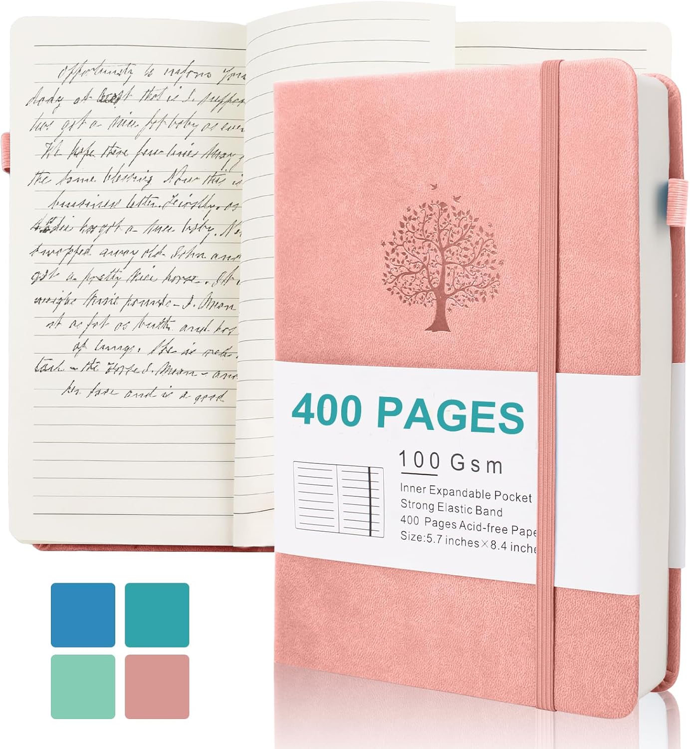 Journals for Writing, A5 Leather Ruled Notebook with 400 Pages, 100 Gms College Ruled Journal with Thick Paper, Hardcover with Inner Pocket & Pen Holder, Dark Green
