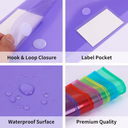 EOOUT 30 Pack 10 Color Plastic Envelopes Poly Envelopes, Hook & Loop Closure File Folders Clear Document Folders File Envelopes with Label Pocket A4 Size