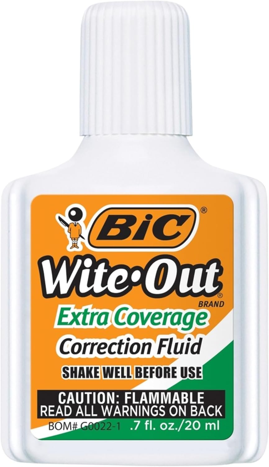 BIC Wite-Out Extra Coverage Correction Fluid, 20 mL Bottles, White, Pack Of 2