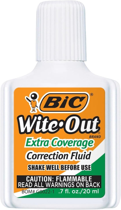 BIC Wite-Out Extra Coverage Correction Fluid, 20 mL Bottles, White, Pack Of 2