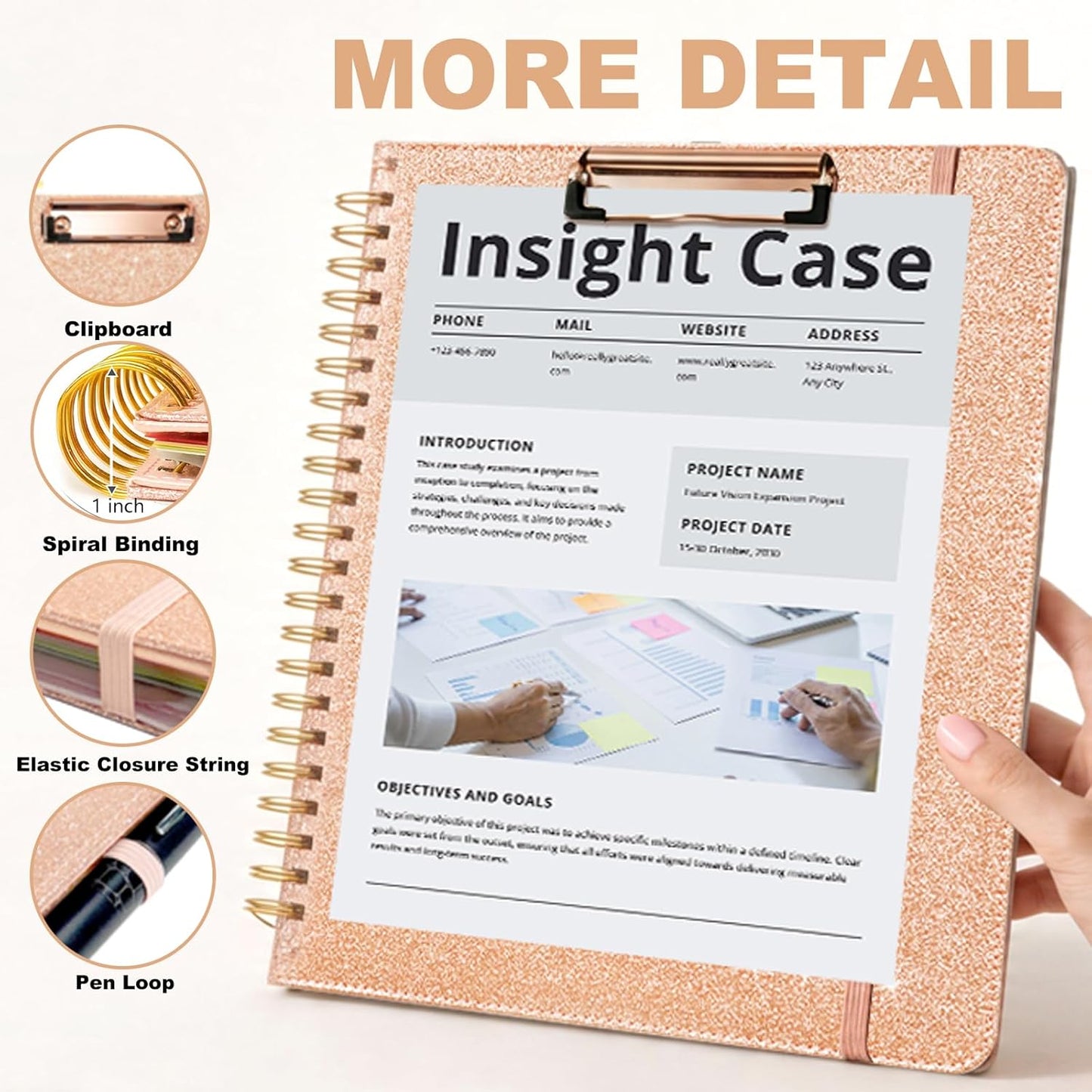 Grey Foldable Spiral Clipboard Folio with Storage Zipper Pouch, 5 Plastic Folders with Pockets,Refillable Lined Notepad (8.5" x 11"), Hardcover Project Organizer with 39 Stickers