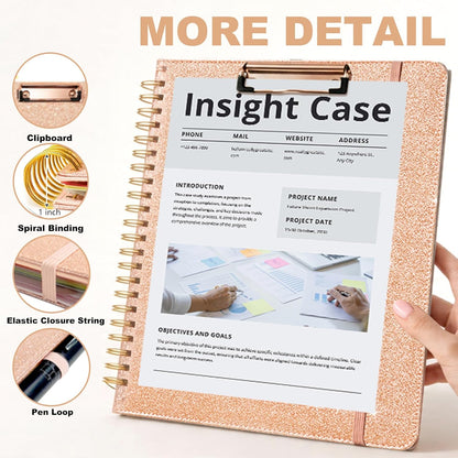 Grey Foldable Spiral Clipboard Folio with Storage Zipper Pouch, 5 Plastic Folders with Pockets,Refillable Lined Notepad (8.5" x 11"), Hardcover Project Organizer with 39 Stickers