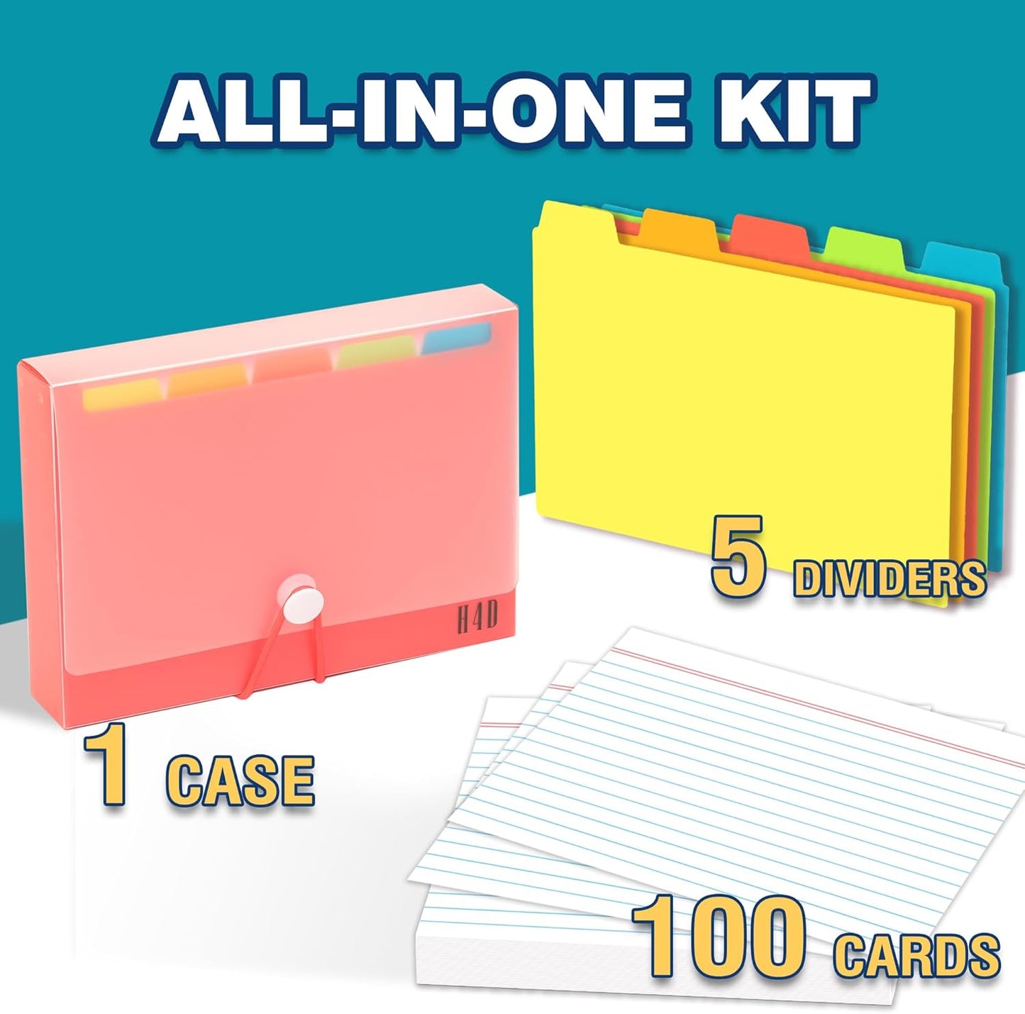 H4D 3x5 Index Card Case with 100 Heavyweight Ruled Index Cards and Dividers, Black