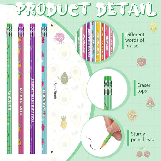 Leinuosen 48 Pcs Scented Pencils for Kids Cute Motivational Colorful Fun Wood HB Pencils Bulk with Erasers Fruit Elements for School Office Classroom Student