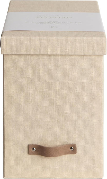 Bigso John Desktop File Box - Storage Solution and Document Organizer for Important Paperwork - Durable Hanging File Box with a Lid and Leather Handle - 7.36 in x 13.26 in x 10.51 in - Grey