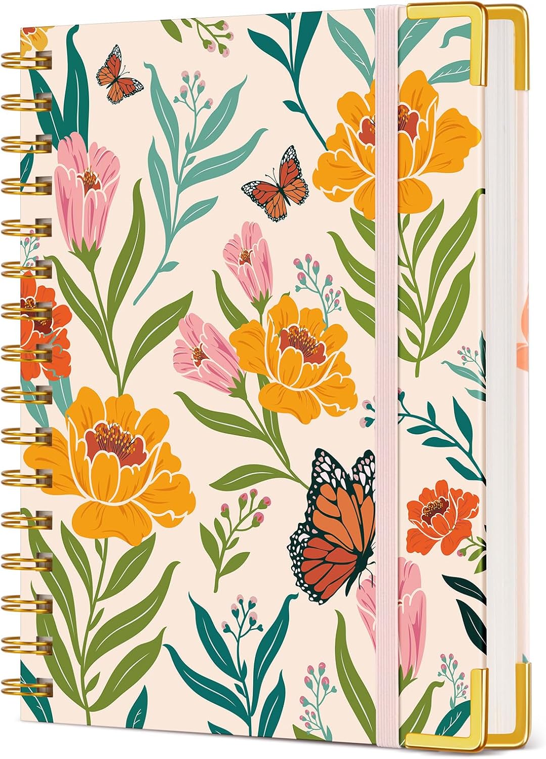 Cute Spiral Notebook Journal for Women, 200 Pages Lined Notebooks 8.5” x 11”, A4 Large Hardcover Spiral Journals with 100 GSM Thick Paper, College Ruled Notebook for Writing Work School, Orange Floral