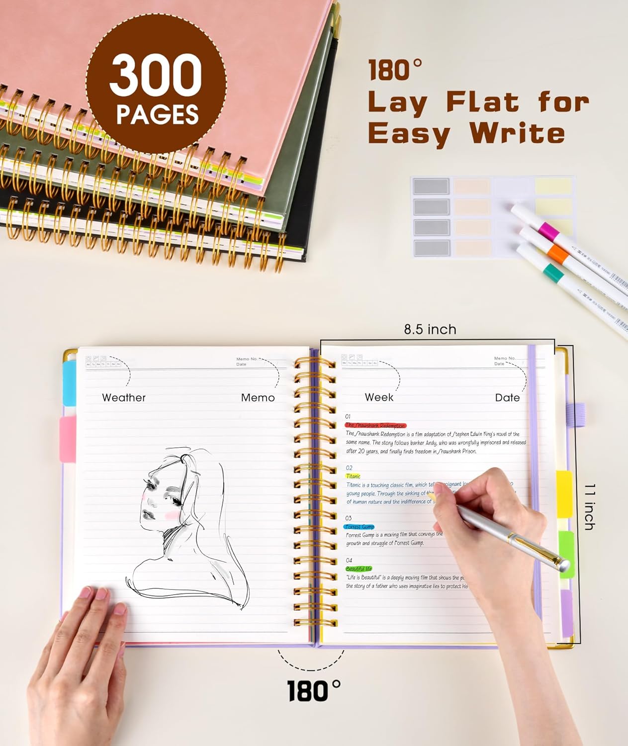 Hardcover Spiral Notebook Journal with Removable Dividers Tabs, 300 Pages Leather 5 Subject Notebook College Ruled, 8"x10" Large B5 Notebooks for Work School Note taking, Lined Journal for Women, Pink