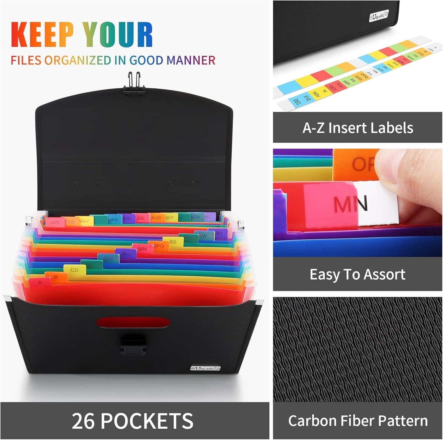 Uquelic 26 Pockets Expanding File Folder Organizer - Upgraded Durable Buckle, Accordion Folder Base with Ergonomic Portable Handle/Large A4 Letter Size Document Organizer, Folders with Pockets
