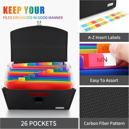 Uquelic 26 Pockets Expanding File Folder Organizer - Upgraded Durable Buckle, Accordion Folder Base with Ergonomic Portable Handle/Large A4 Letter Size Document Organizer, Folders with Pockets