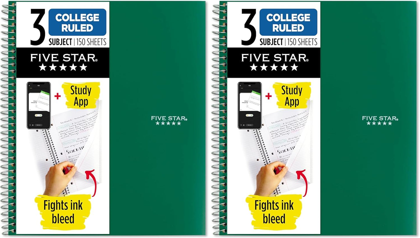 Five Star Spiral Notebook + Study App, 3 Subject, College Ruled Paper, 8-1/2" x 11", 150 Sheets, Fights Ink Bleed, Water Resistant Cover, Amethyst Purple (38746)