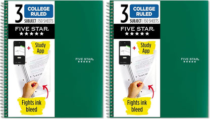 Five Star Spiral Notebook + Study App, 3 Subject, College Ruled Paper, 8-1/2" x 11", 150 Sheets, Fights Ink Bleed, Water Resistant Cover, Amethyst Purple (38746)