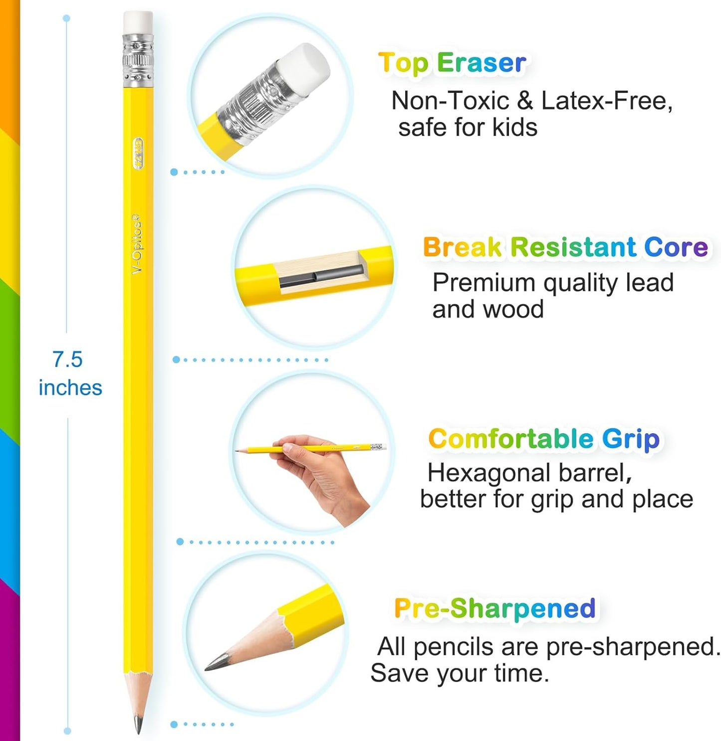 V-Opitos Wood-Cased #2 HB Pencils, 50 Pack Bulk Yellow Pencils with Erasers, Pre-Sharpened, School Classroom Teacher Supplies for Writing, Drawing and Sketching