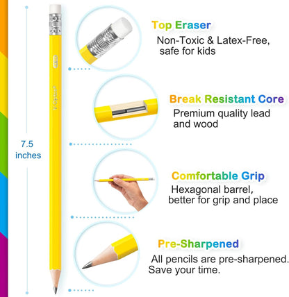 V-Opitos Wood-Cased #2 HB Pencils, 50 Pack Bulk Yellow Pencils with Erasers, Pre-Sharpened, School Classroom Teacher Supplies for Writing, Drawing and Sketching